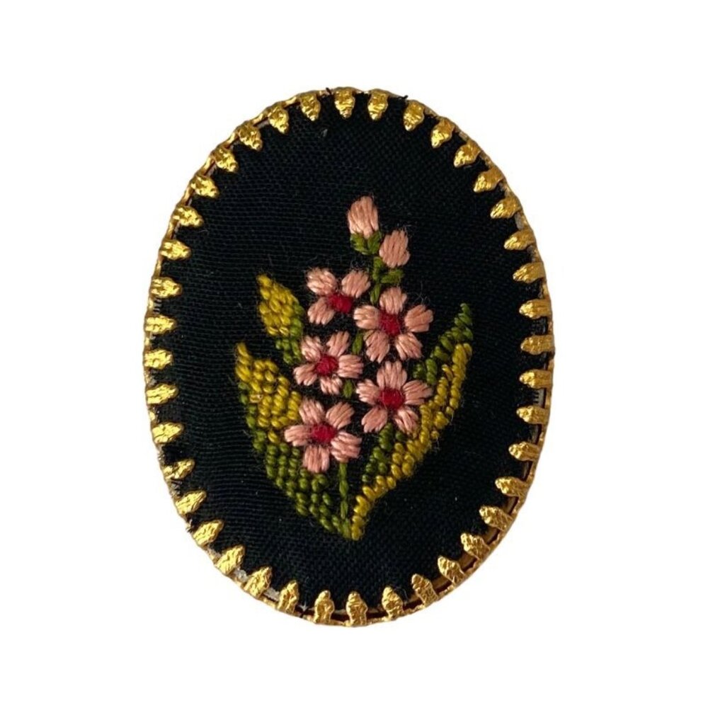 Vintage Micro Needlepoint Floral Brooch Pin Gold Tone